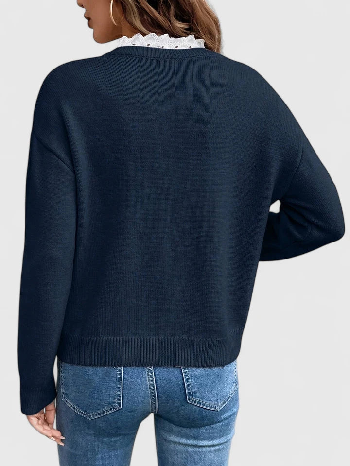 Women's V-Neck Fine-Knit Sweater with Elegant Lace Ruffle Detail - Stylish & Comfortable Knitwear