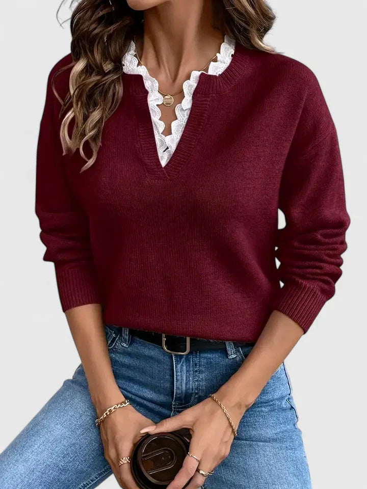 Women's V-Neck Fine-Knit Sweater with Elegant Lace Ruffle Detail - Stylish & Comfortable Knitwear