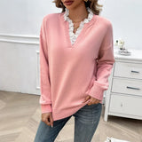 Women's V-Neck Fine-Knit Sweater with Elegant Lace Ruffle Detail - Stylish & Comfortable Knitwear