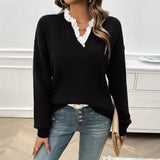 Women's V-Neck Fine-Knit Sweater with Elegant Lace Ruffle Detail - Stylish & Comfortable Knitwear