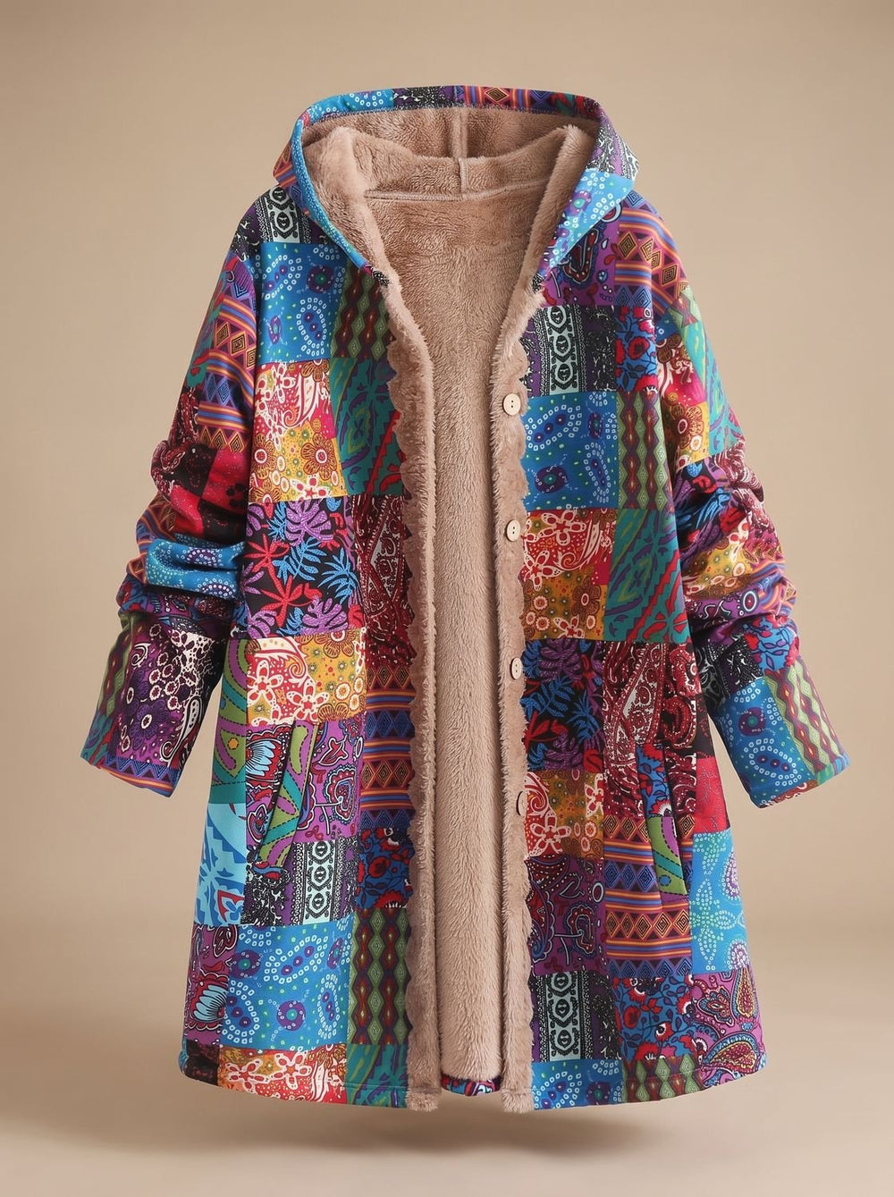 Madison | Women's Fleece-Lined Hooded Boho Patchwork Comfortable Jacket