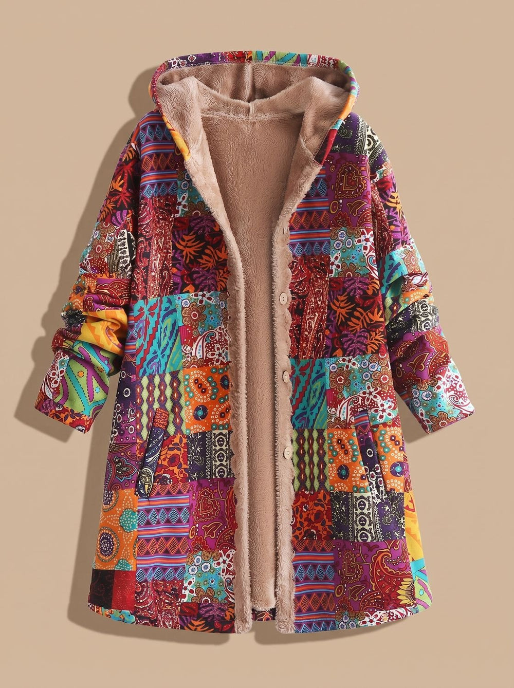 Madison | Women's Fleece-Lined Hooded Boho Patchwork Comfortable Jacket