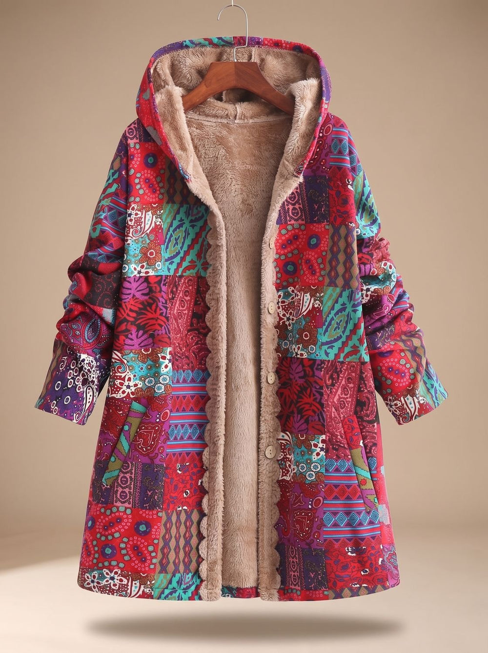 Madison | Women's Fleece-Lined Hooded Boho Patchwork Comfortable Jacket