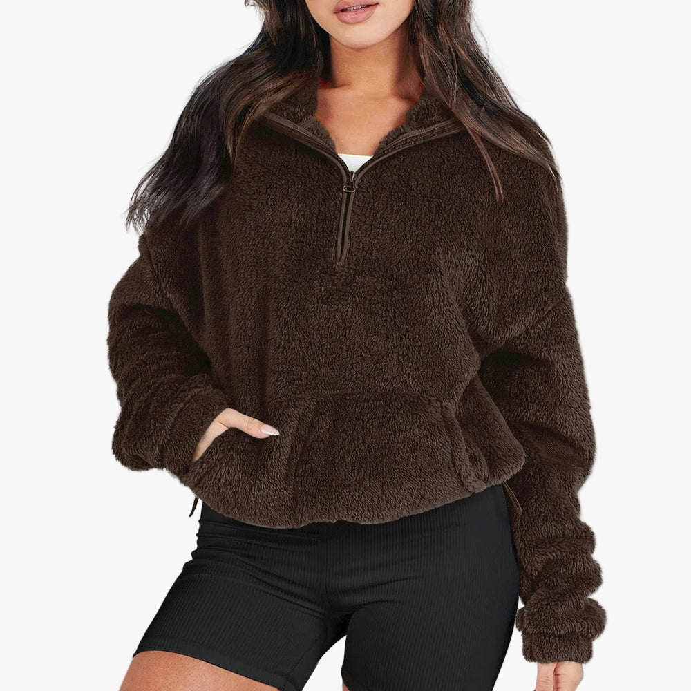 Women's Cozy Fleece Half-Zip Pullover Sweater with Kangaroo Pocket - Perfect for Layering & Outdoor Activities