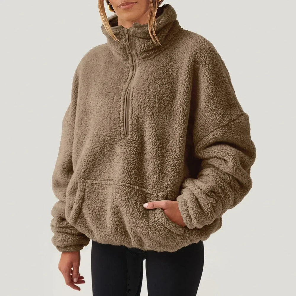 Women's Cozy Fleece Half-Zip Pullover Sweater with Kangaroo Pocket - Perfect for Layering & Outdoor Activities