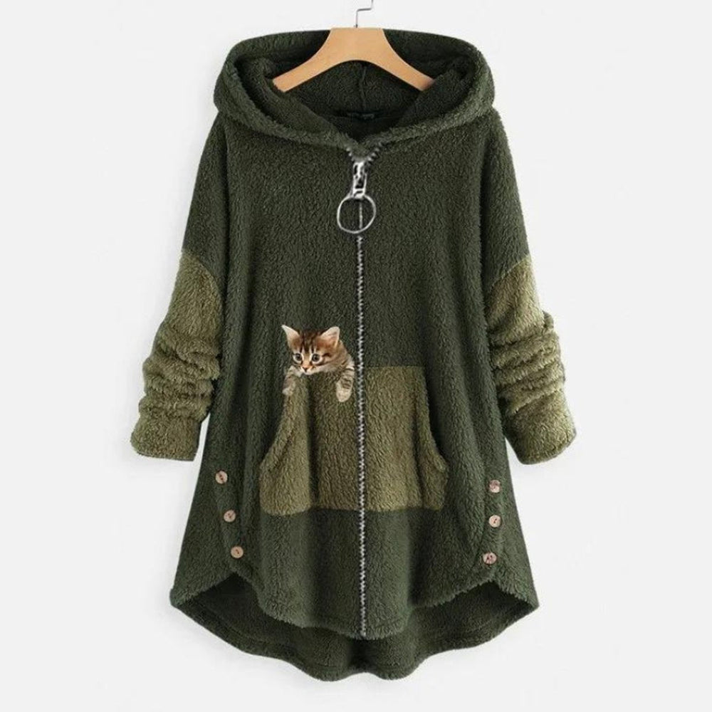 Luna | Women's Fleece Zip-Up Hooded Cat Pocket Sweater