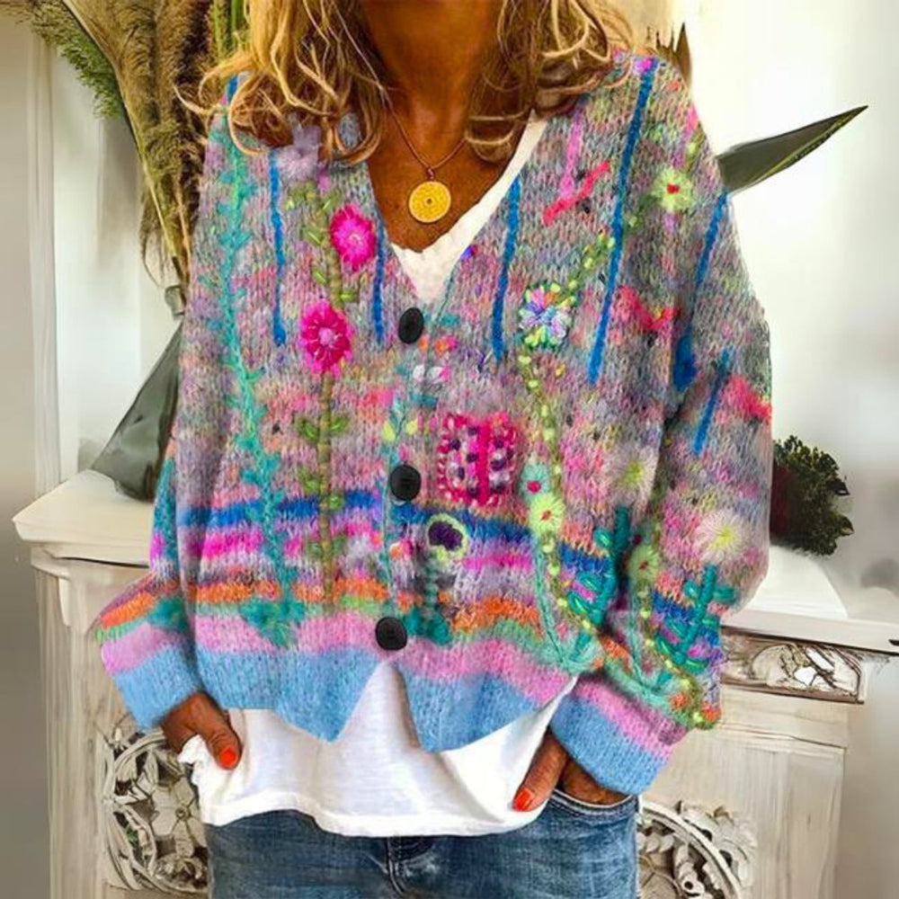 Evelyn | Women's Floral Embroidered Multicolor Button-Front Knit Sweater Cardigan