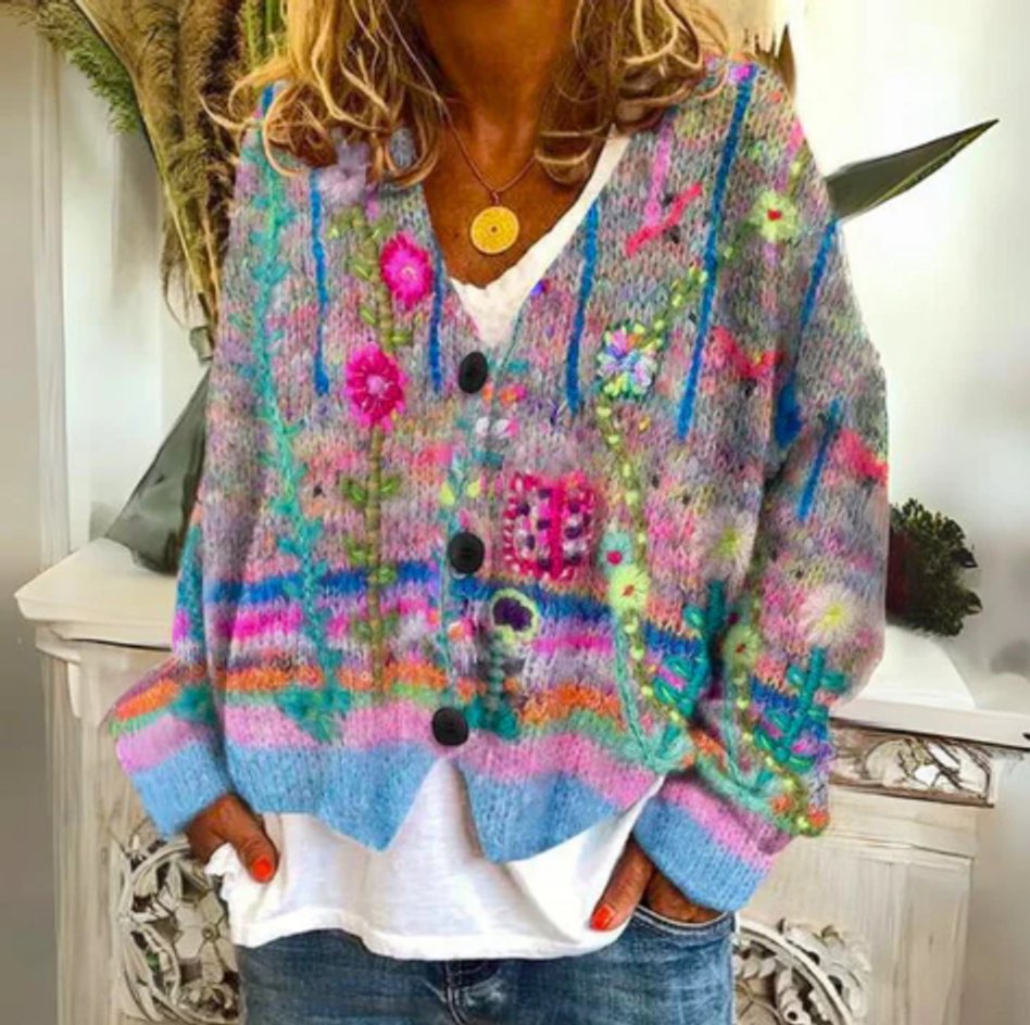 Luna | Women's Floral Knit Button-Front Cardigan Sweater
