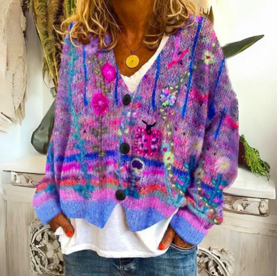 Luna | Women's Floral Knit Button-Front Cardigan Sweater