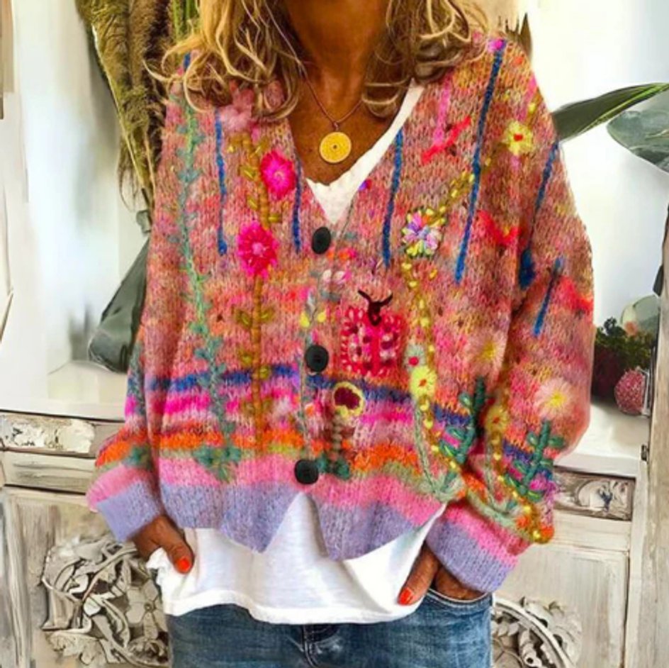 Luna | Women's Floral Knit Button-Front Cardigan Sweater