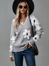 Camila | Women's Floral V-Neck Long Sleeve Knit Sweater