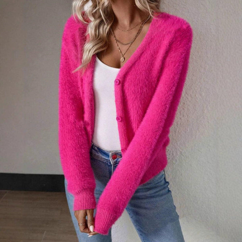 Layla | Women's Fluffy V-Neck Button-Front Knit Cardigan