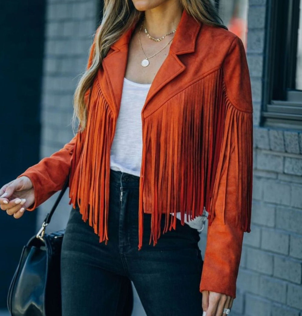Evelyn | Women's Fringe Suede Cropped Moto Jacket