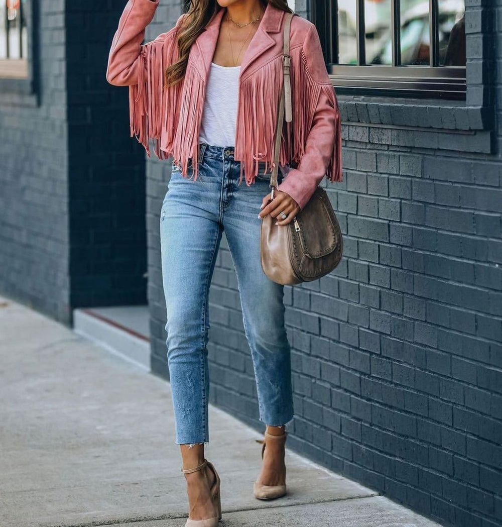 Evelyn | Women's Fringe Suede Cropped Moto Jacket