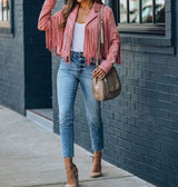 Evelyn | Women's Fringe Suede Cropped Moto Jacket