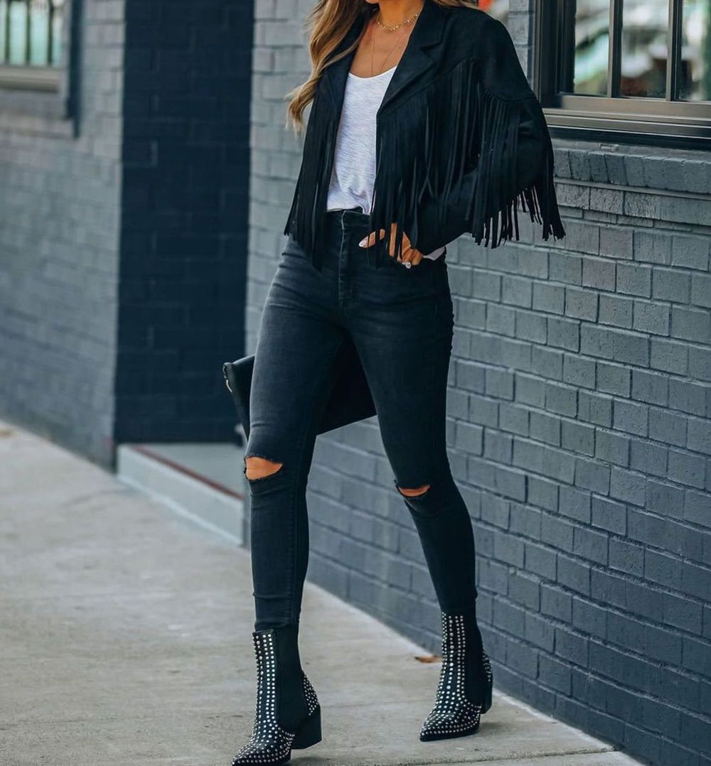 Evelyn | Women's Fringe Suede Cropped Moto Jacket