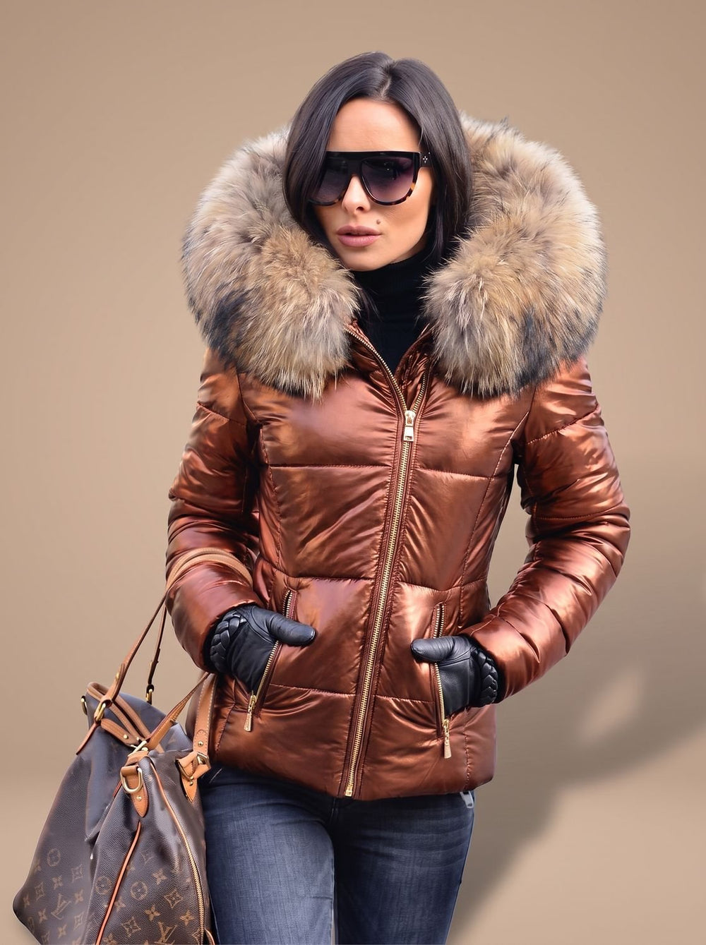 Madison | Women's Fur Hood Puffer Coat Fitted Zip-Front Quilted Jacket