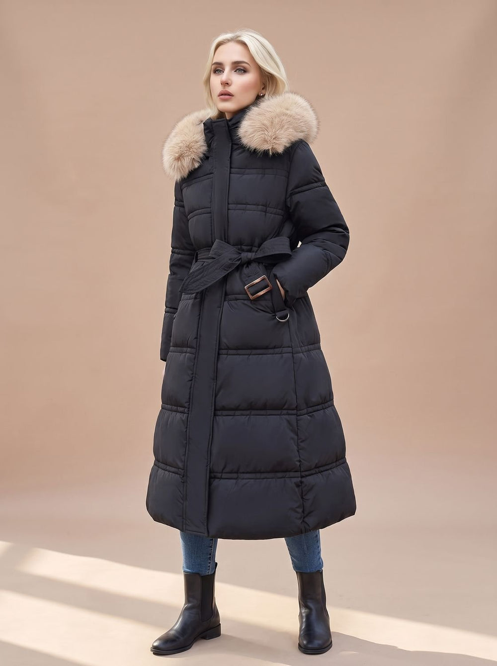 Madison | Women's Fur-Hood Quilted Long Puffer Coat