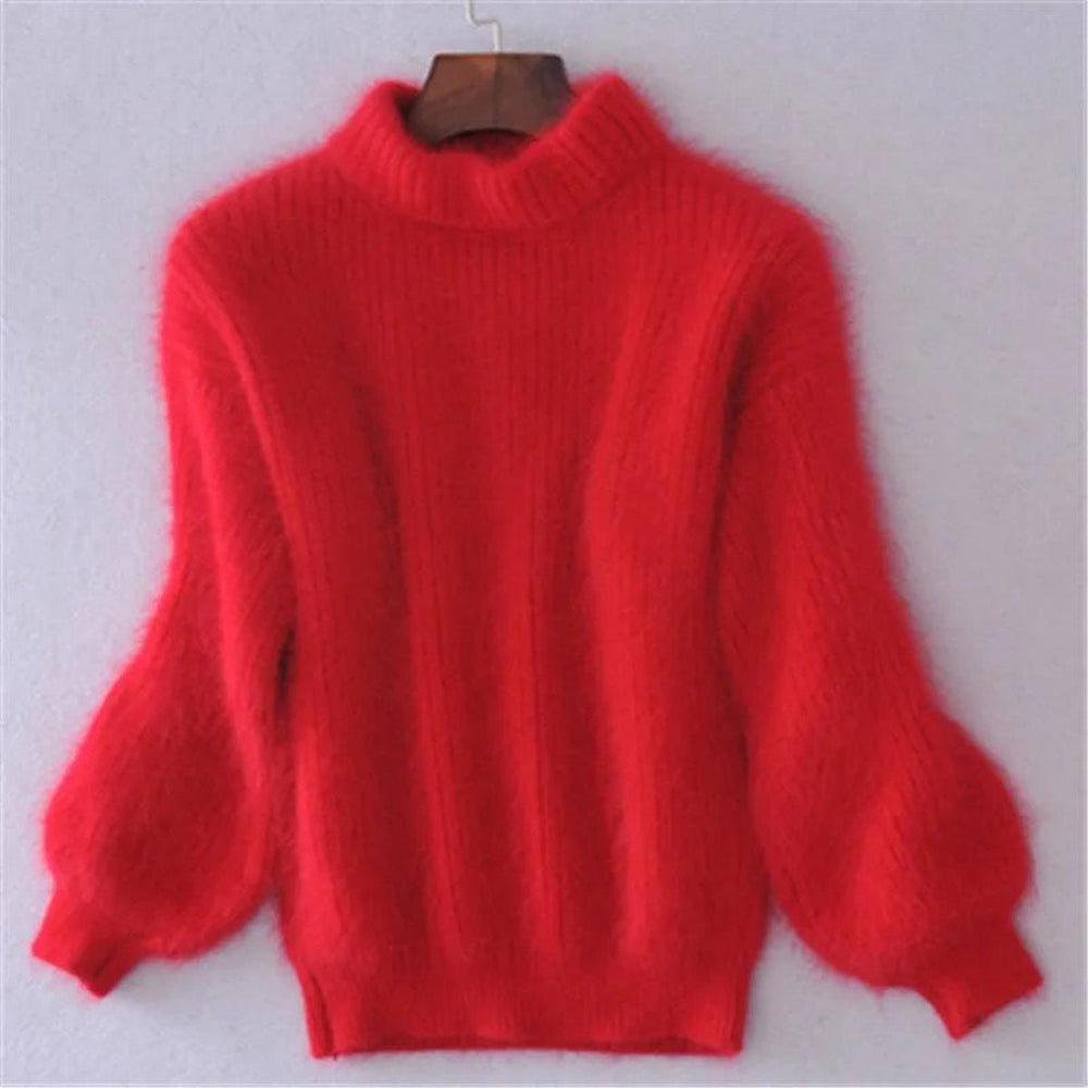 Cozy Women's Fuzzy Knit High Neck Sweater with Trendy Balloon Sleeves - Perfect for Fall & Winter Fashion