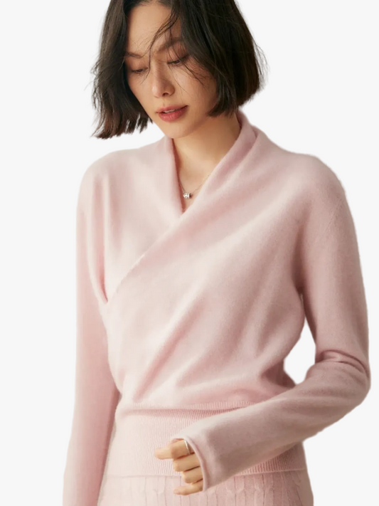 Women's V-Neck Fuzzy Knit Sweater with Wrap Front - Cozy & Stylish Pullover