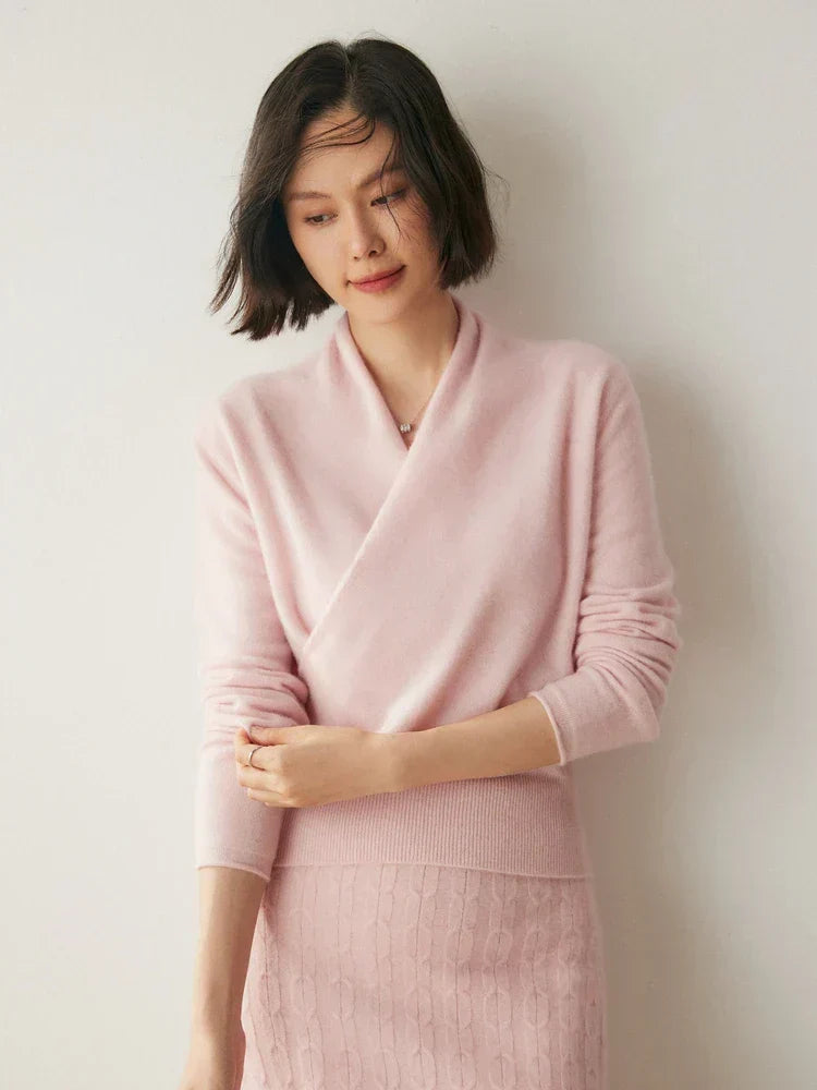 Women's V-Neck Fuzzy Knit Sweater with Wrap Front - Cozy & Stylish Pullover