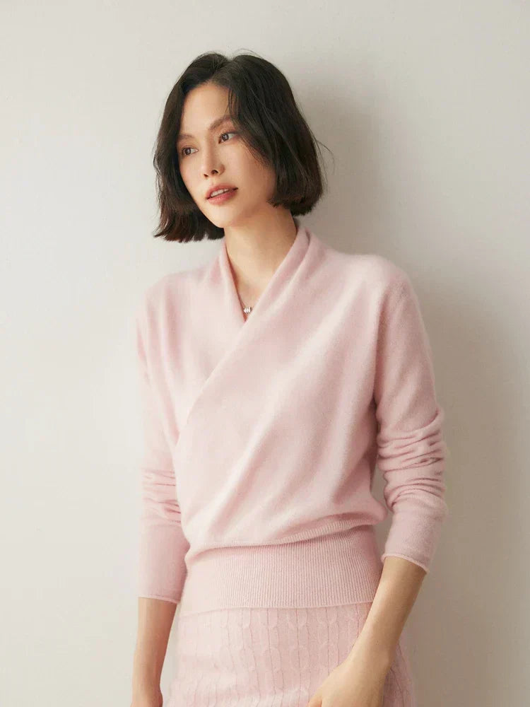 Women's V-Neck Fuzzy Knit Sweater with Wrap Front - Cozy & Stylish Pullover