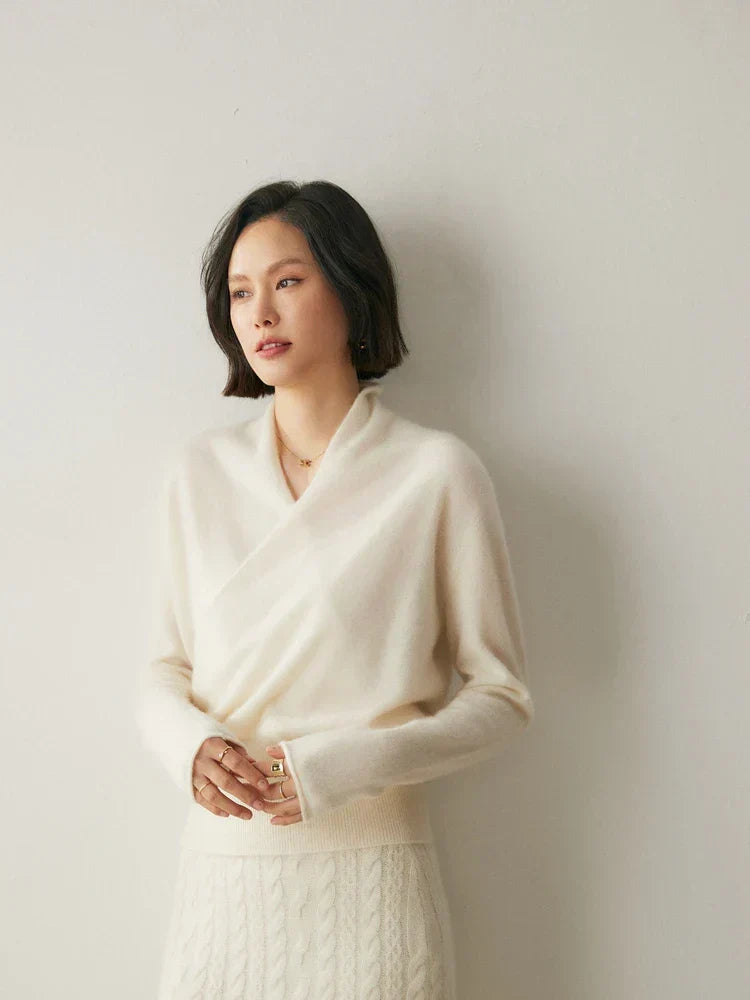 Women's V-Neck Fuzzy Knit Sweater with Wrap Front - Cozy & Stylish Pullover