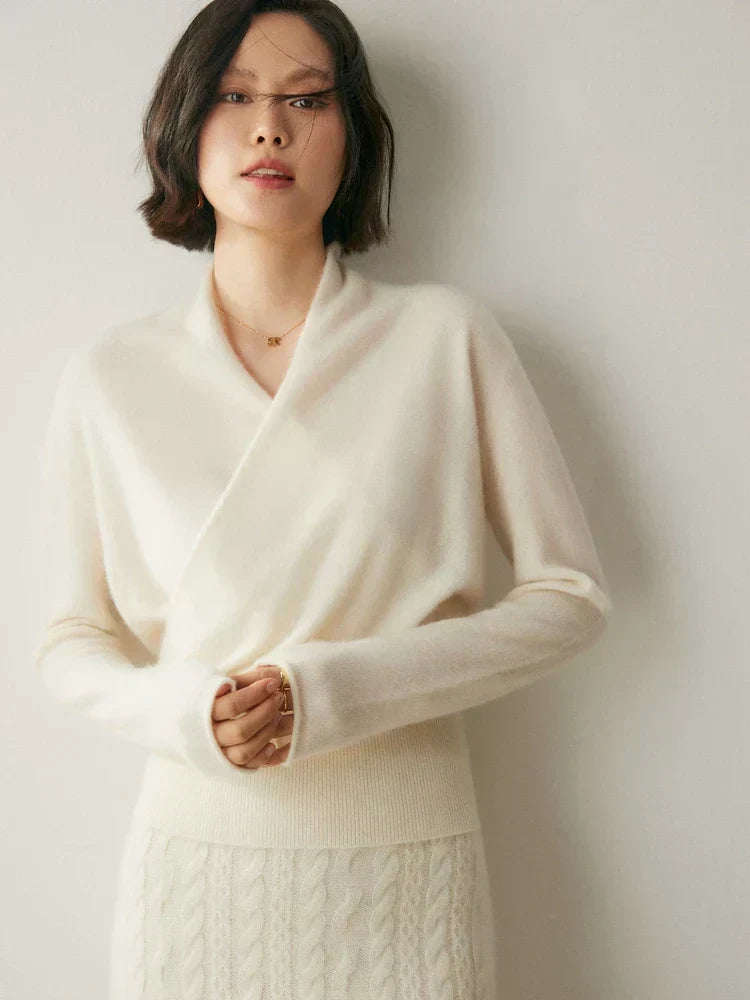 Women's V-Neck Fuzzy Knit Sweater with Wrap Front - Cozy & Stylish Pullover