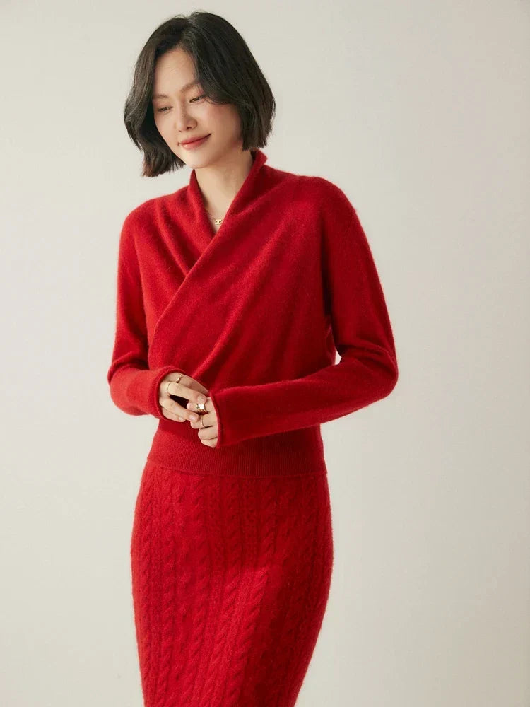 Women's V-Neck Fuzzy Knit Sweater with Wrap Front - Cozy & Stylish Pullover