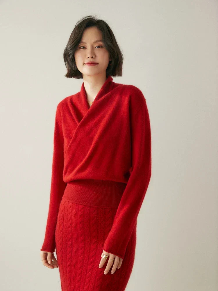 Women's V-Neck Fuzzy Knit Sweater with Wrap Front - Cozy & Stylish Pullover