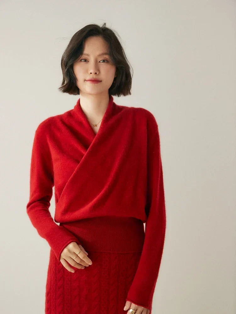 Women's V-Neck Fuzzy Knit Sweater with Wrap Front - Cozy & Stylish Pullover