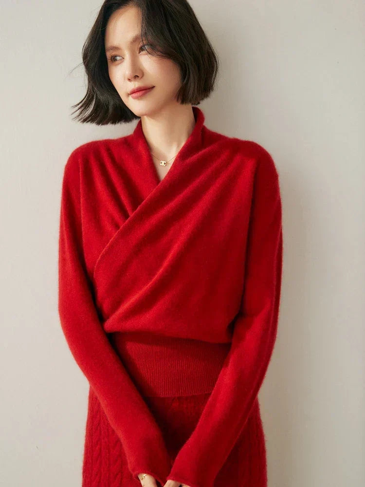 Women's V-Neck Fuzzy Knit Sweater with Wrap Front - Cozy & Stylish Pullover