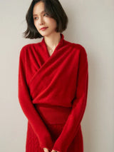 Women's V-Neck Fuzzy Knit Sweater with Wrap Front - Cozy & Stylish Pullover