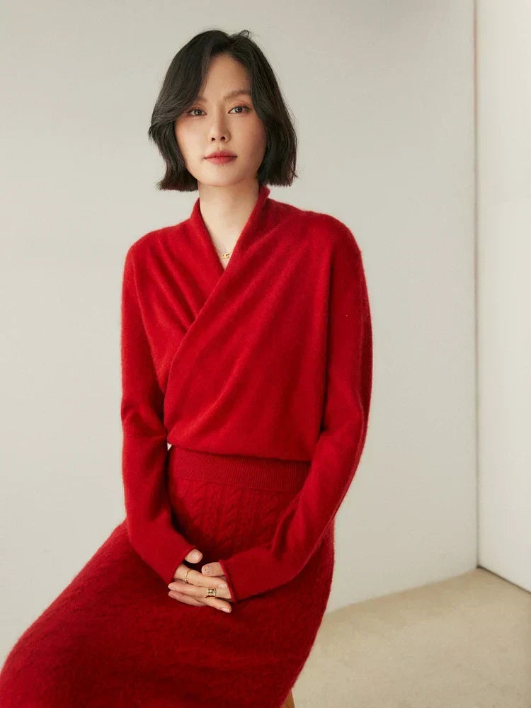 Women's V-Neck Fuzzy Knit Sweater with Wrap Front - Cozy & Stylish Pullover