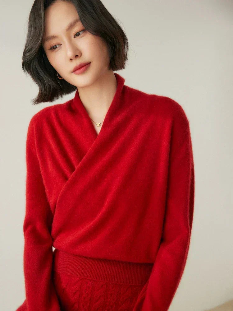 Women's V-Neck Fuzzy Knit Sweater with Wrap Front - Cozy & Stylish Pullover