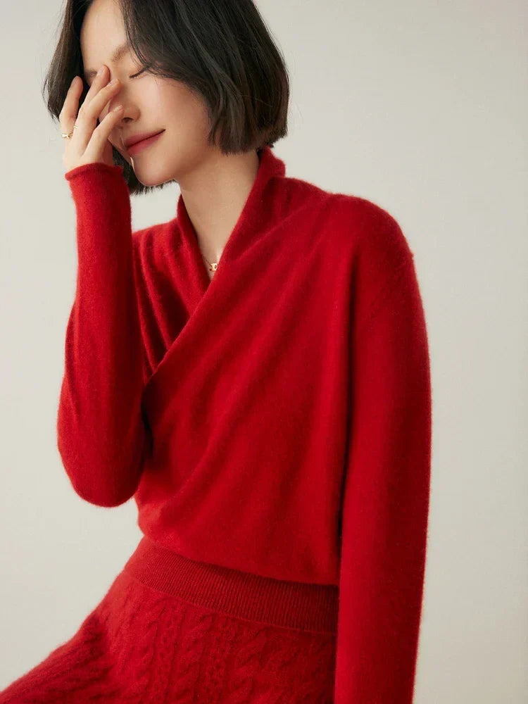 Women's V-Neck Fuzzy Knit Sweater with Wrap Front - Cozy & Stylish Pullover