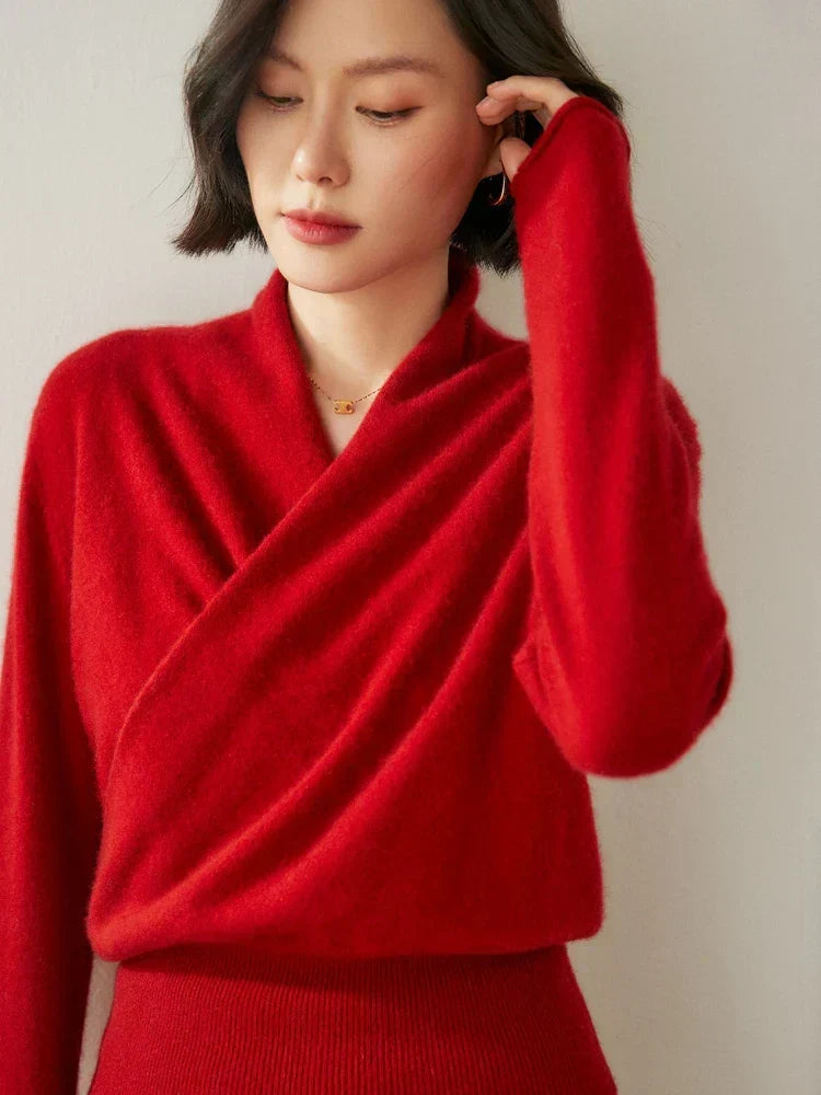 Women's V-Neck Fuzzy Knit Sweater with Wrap Front - Cozy & Stylish Pullover