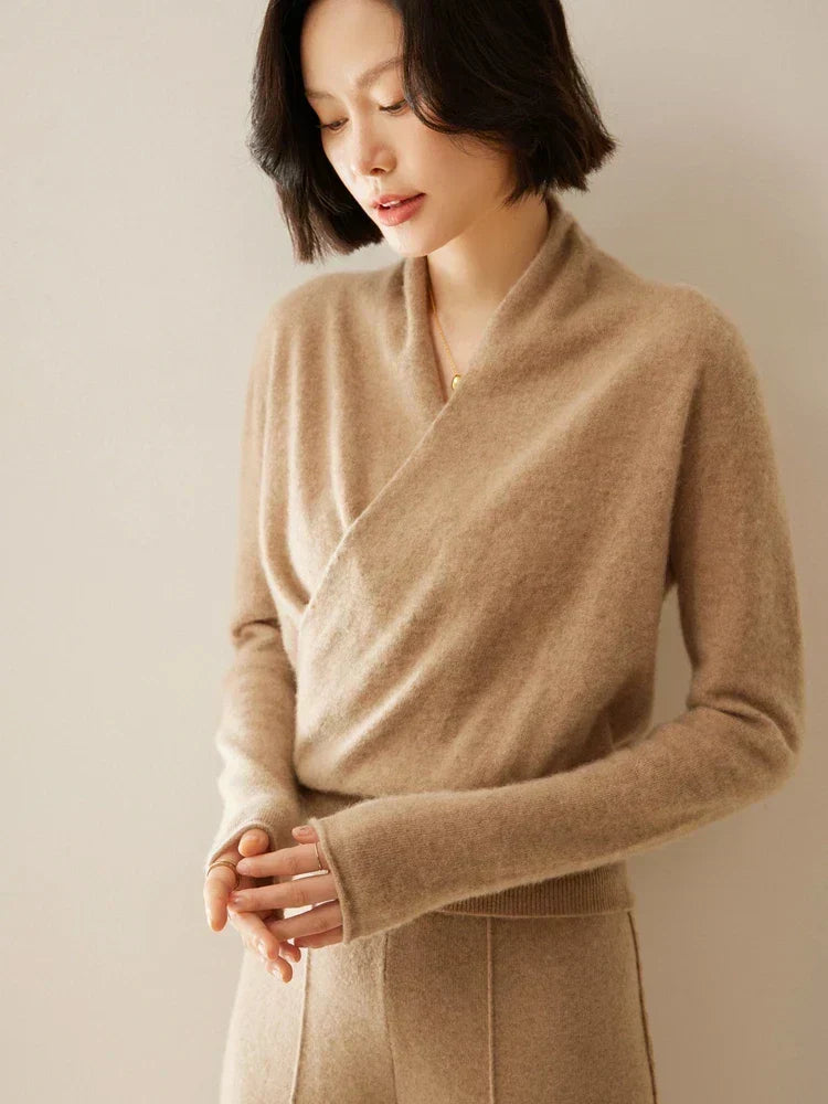 Women's V-Neck Fuzzy Knit Sweater with Wrap Front - Cozy & Stylish Pullover