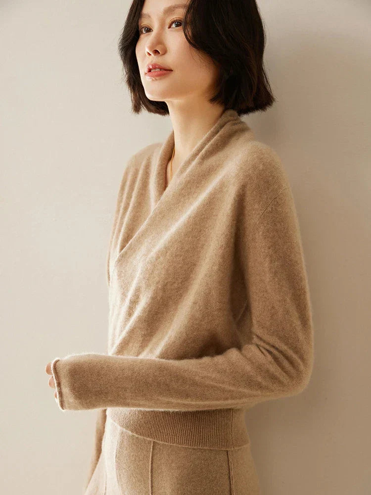 Women's V-Neck Fuzzy Knit Sweater with Wrap Front - Cozy & Stylish Pullover