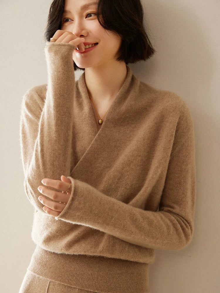 Women's V-Neck Fuzzy Knit Sweater with Wrap Front - Cozy & Stylish Pullover