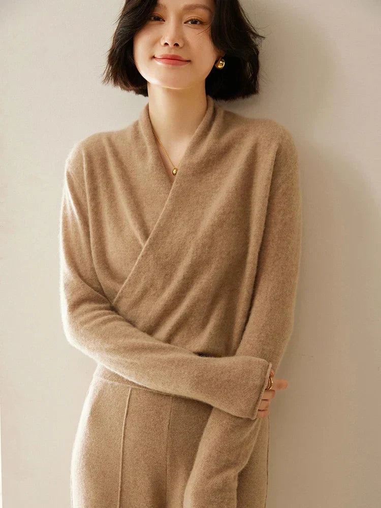 Women's V-Neck Fuzzy Knit Sweater with Wrap Front - Cozy & Stylish Pullover