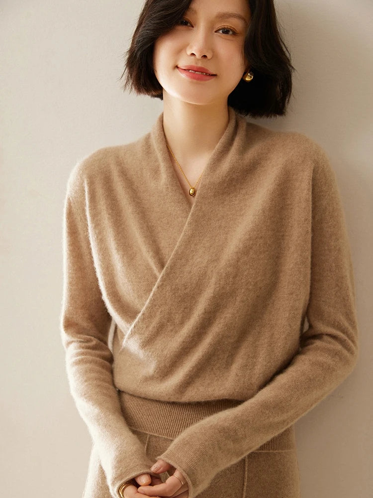 Women's V-Neck Fuzzy Knit Sweater with Wrap Front - Cozy & Stylish Pullover