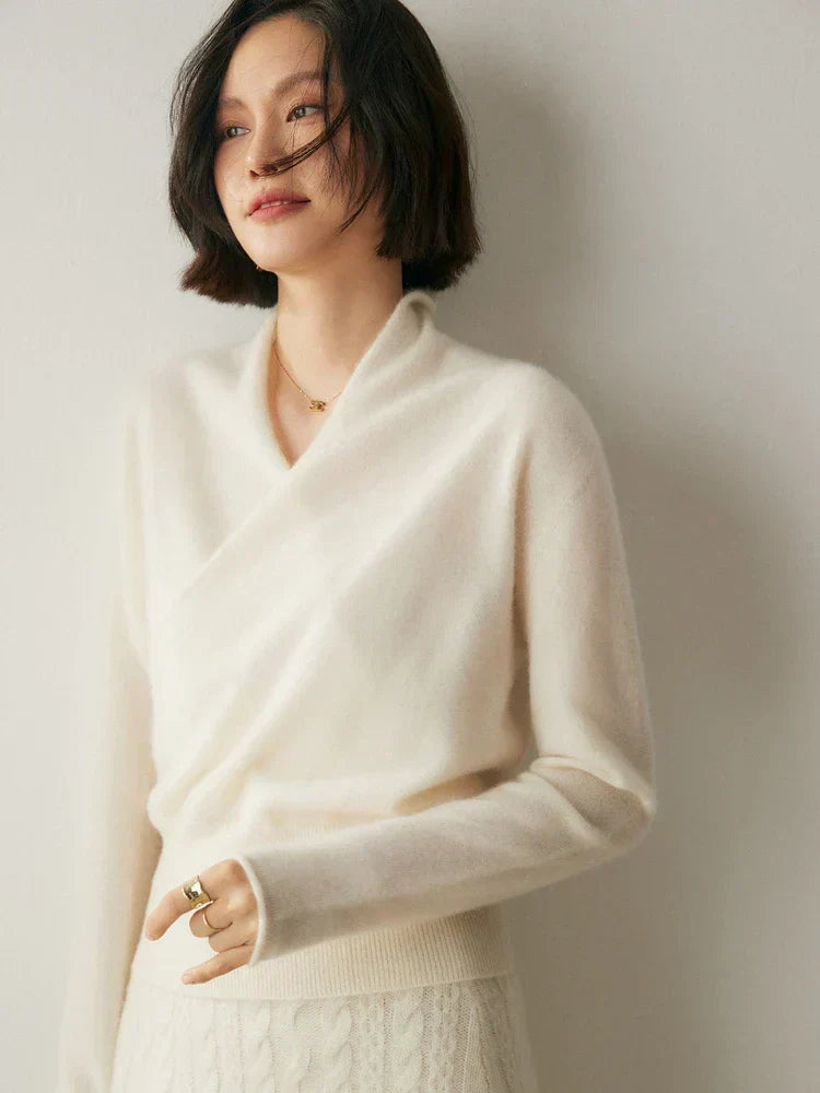 Women's V-Neck Fuzzy Knit Sweater with Wrap Front - Cozy & Stylish Pullover