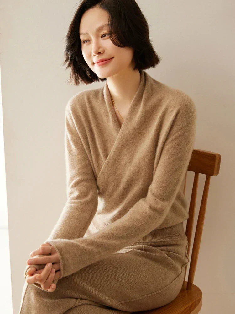 Women's V-Neck Fuzzy Knit Sweater with Wrap Front - Cozy & Stylish Pullover