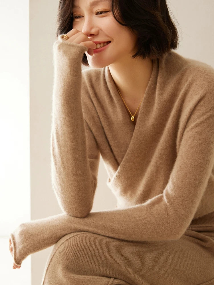 Women's V-Neck Fuzzy Knit Sweater with Wrap Front - Cozy & Stylish Pullover
