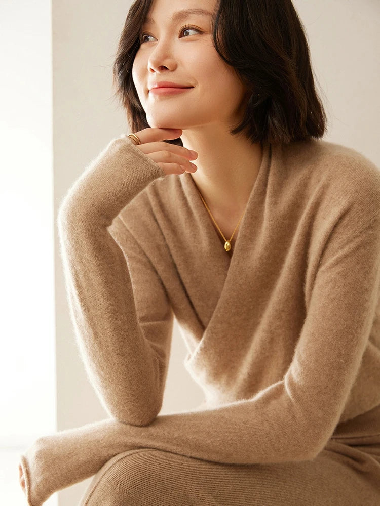 Women's V-Neck Fuzzy Knit Sweater with Wrap Front - Cozy & Stylish Pullover