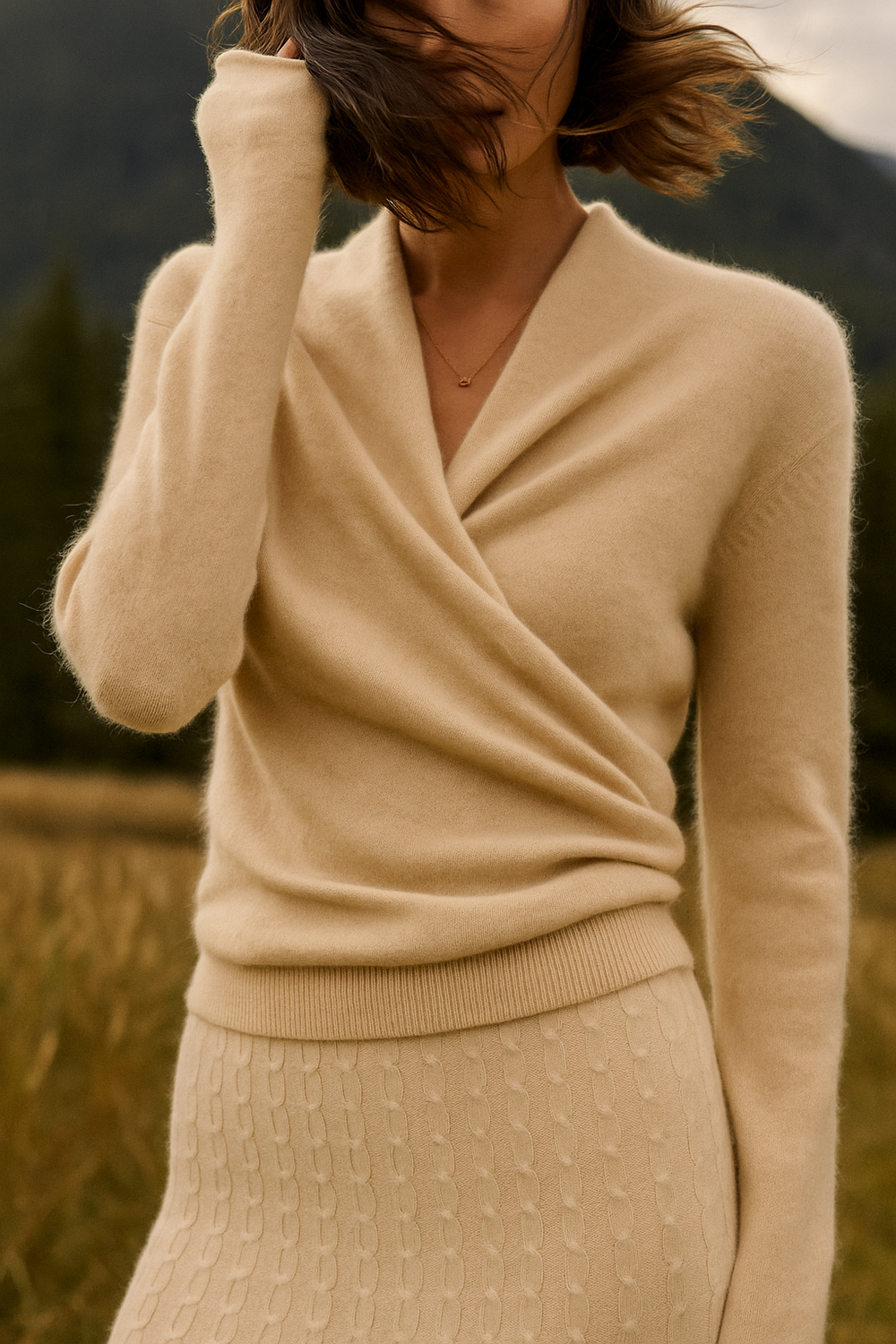 Women's V-Neck Fuzzy Knit Sweater with Wrap Front - Cozy & Stylish Pullover