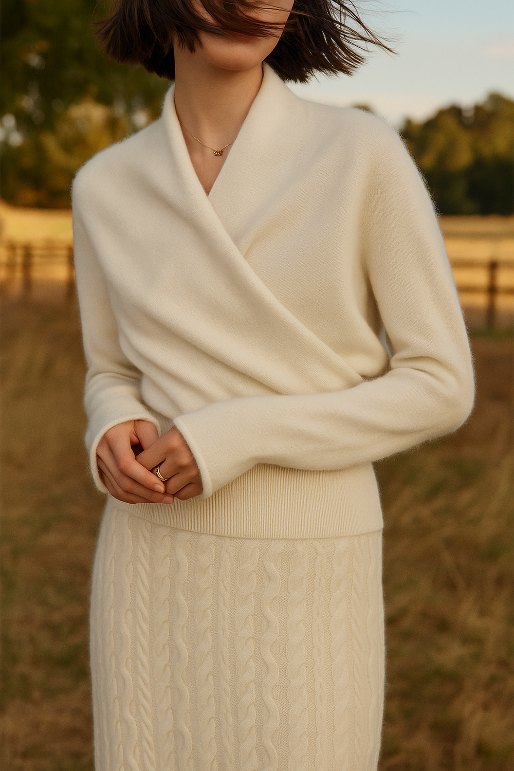 Women's V-Neck Fuzzy Knit Sweater with Wrap Front - Cozy & Stylish Pullover