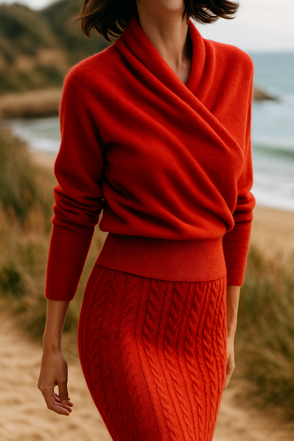 Women's V-Neck Fuzzy Knit Sweater with Wrap Front - Cozy & Stylish Pullover