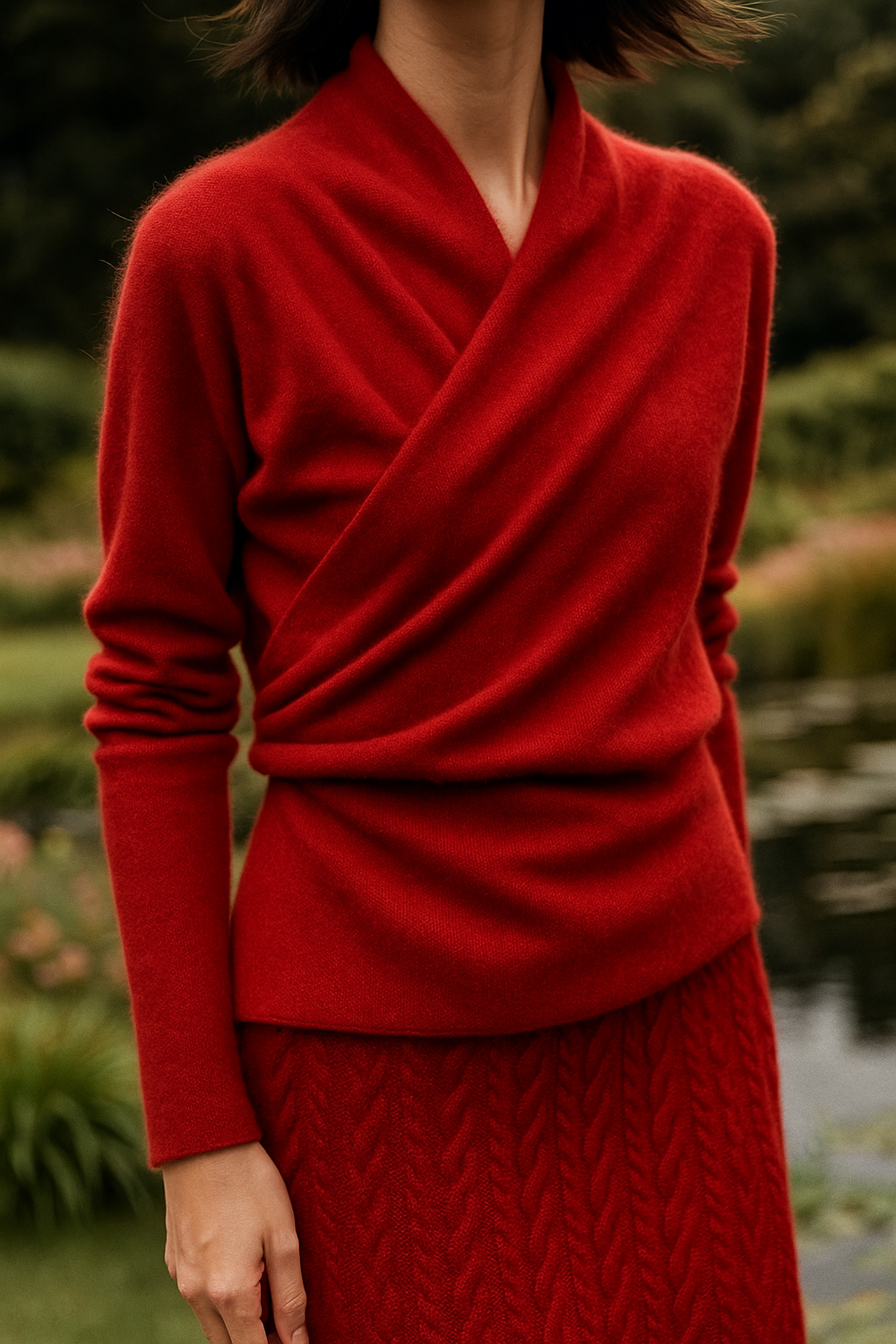 Women's V-Neck Fuzzy Knit Sweater with Wrap Front - Cozy & Stylish Pullover